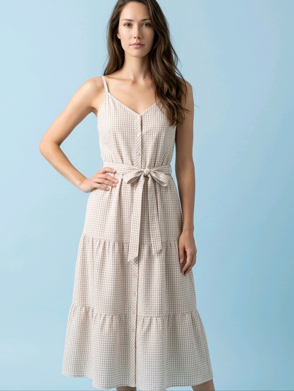 Mlle Gabrielle Beige Taupe Gingham Buffalo Check Maxi Dress